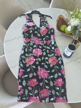 Siena Studio Black Midi Dress with Pink & Green Floral Embroidery